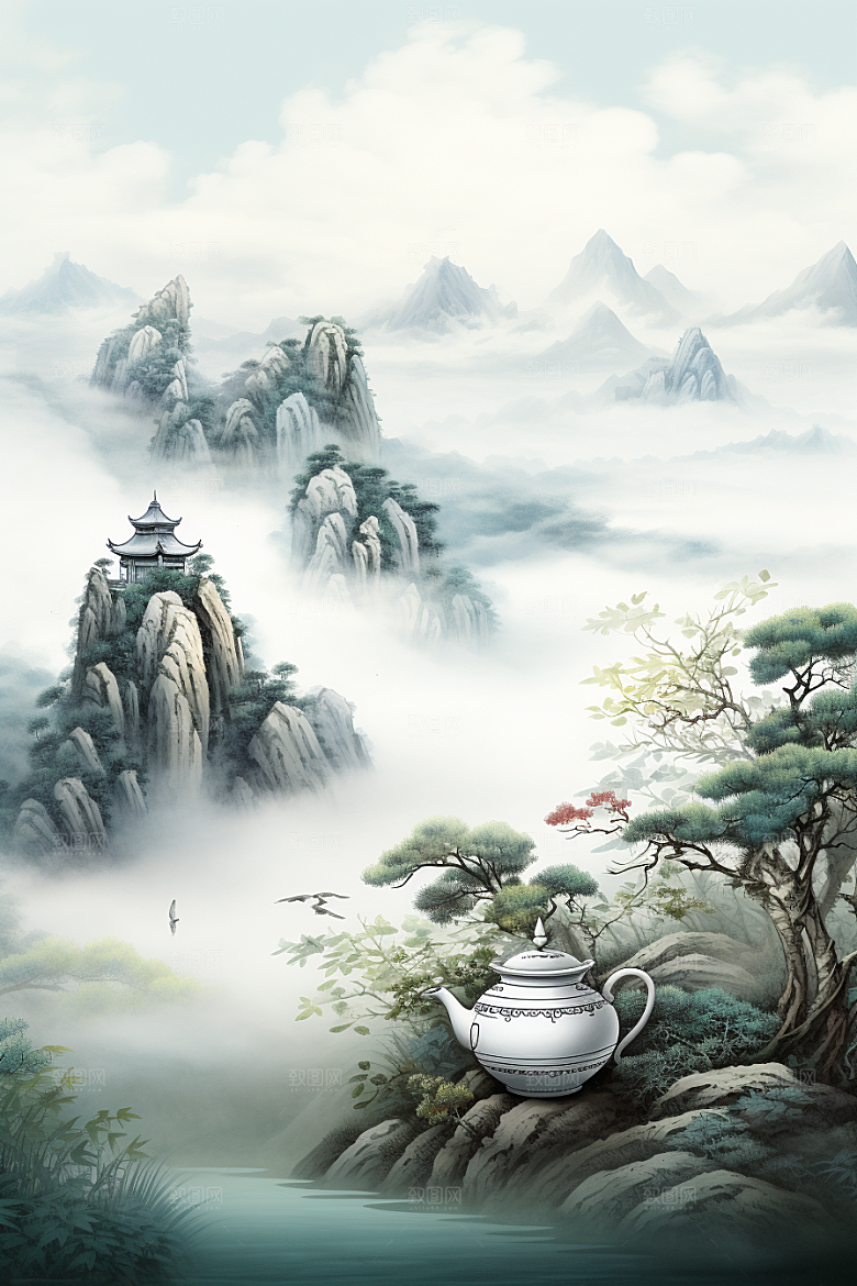 茶壶山水手绘水墨插画