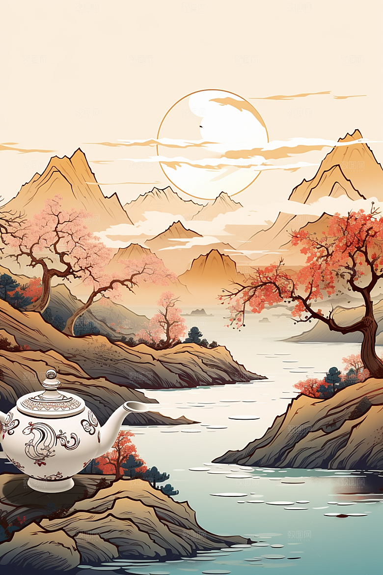 茶壶山水风景手绘插画