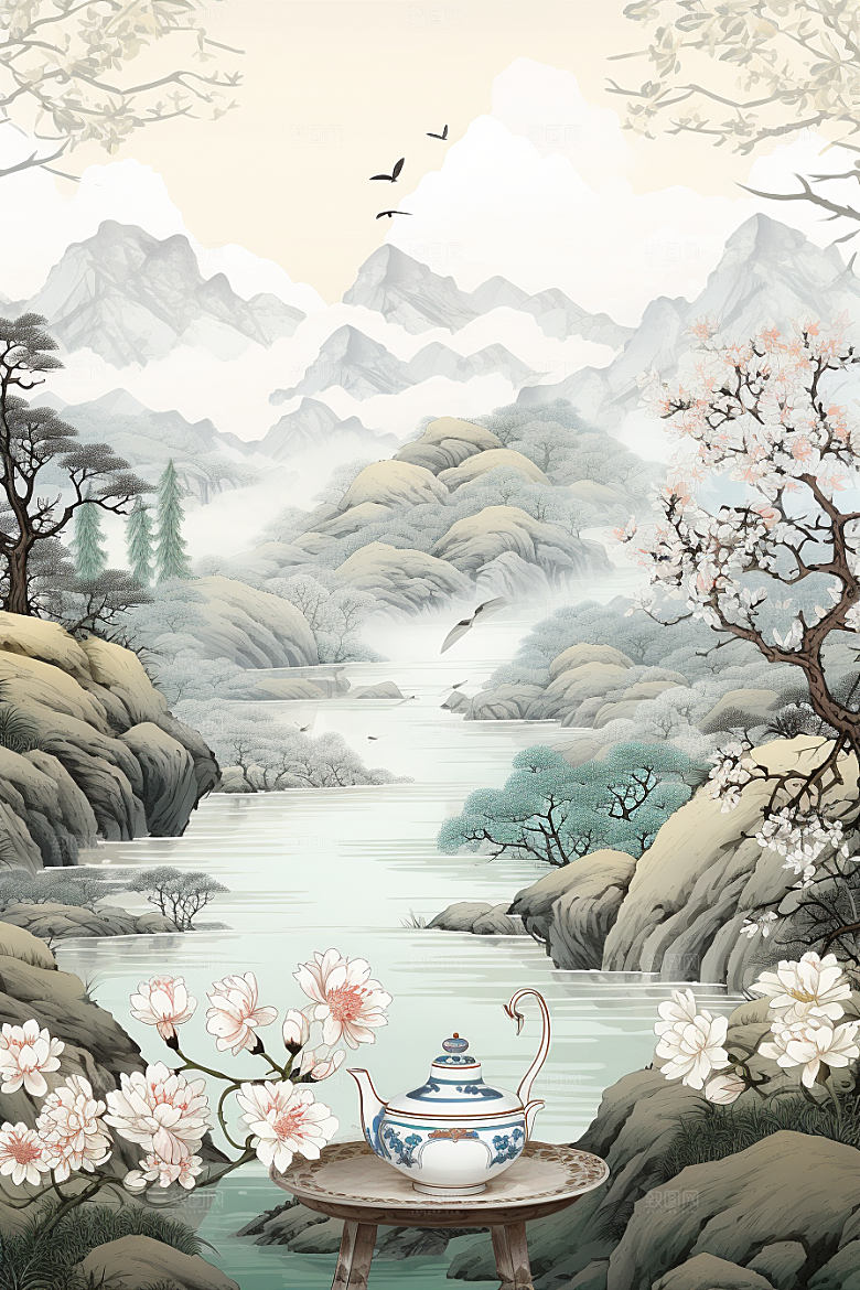 茶壶山水水墨写实艺术插画