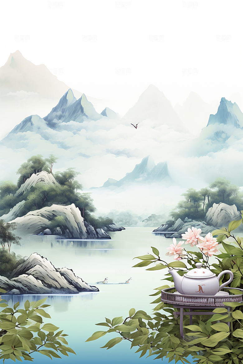 茶壶山水中国风手绘插画