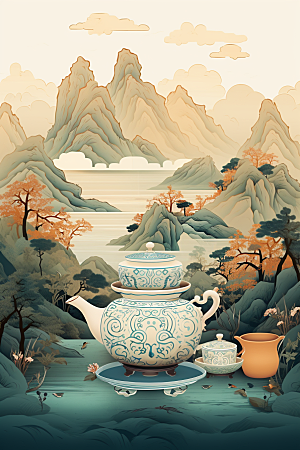 茶壶山水风景水墨插画