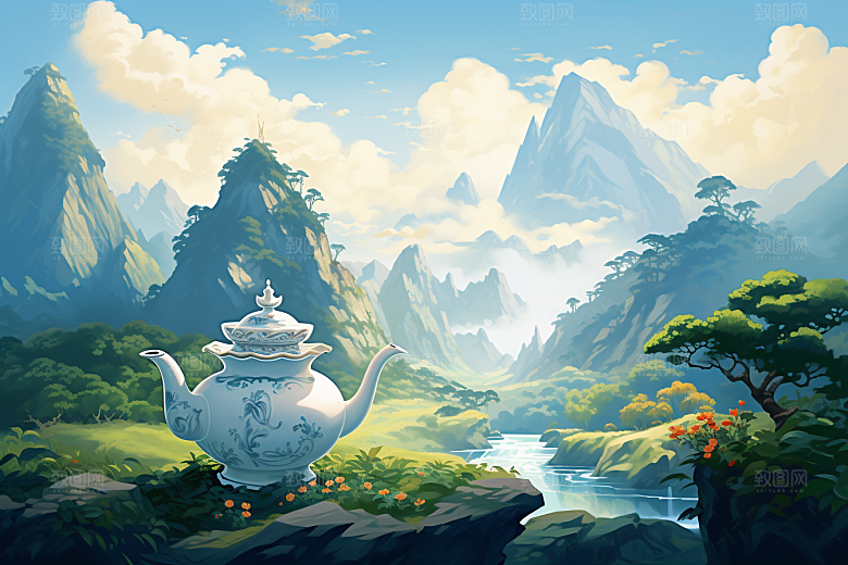 茶壶山水手绘水墨插画