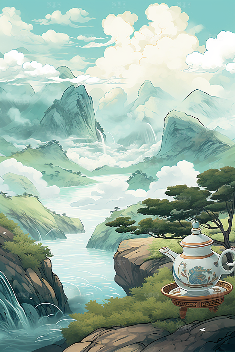 茶壶山水写实艺术中国风插画