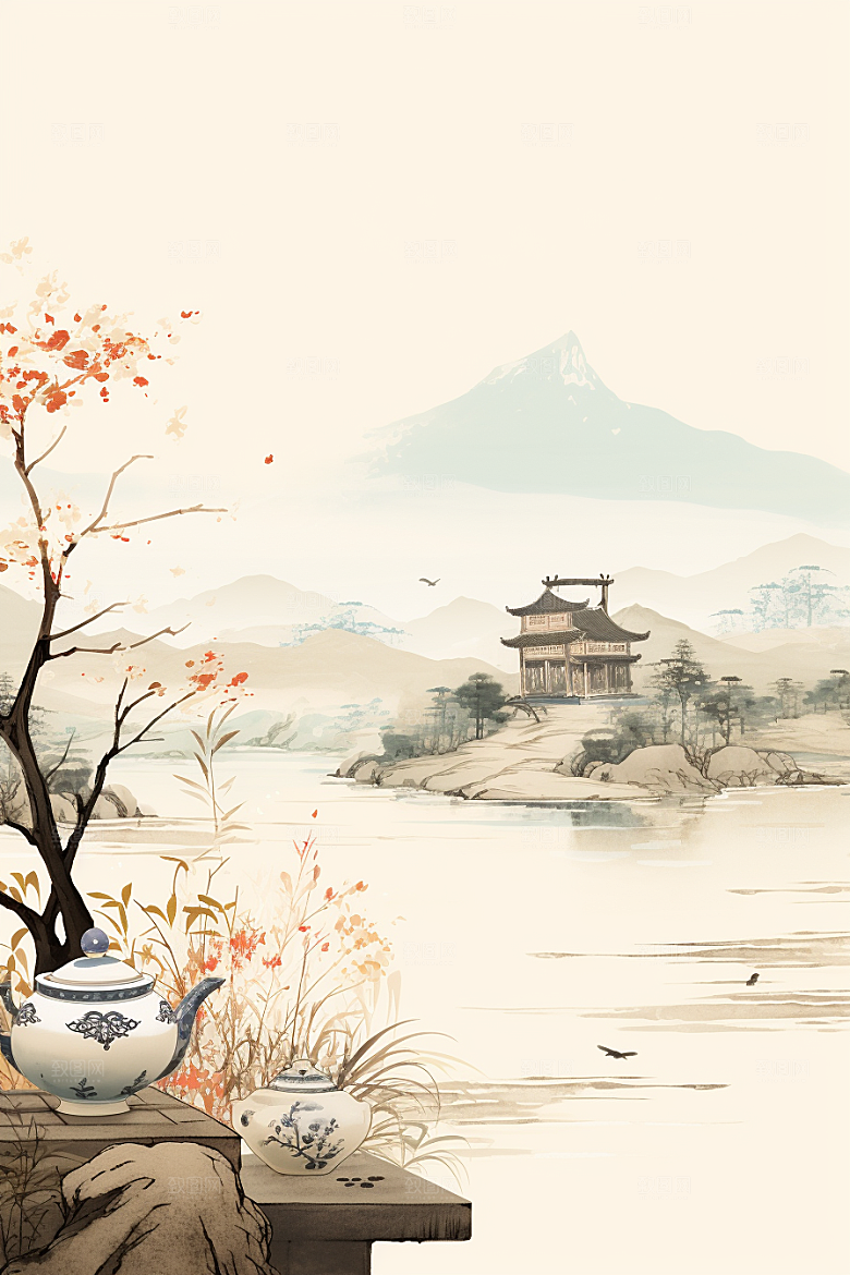 茶壶山水国画中国风插画