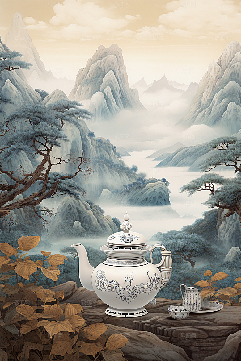 茶壶山水水墨写实艺术插画