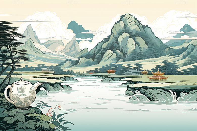 茶壶山水中国风写实艺术插画