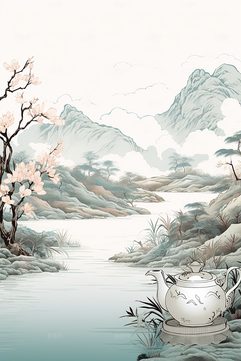 茶壶山水中国风写实艺术插画