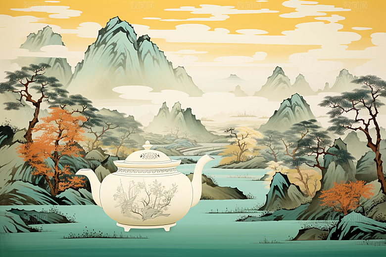 茶壶山水水墨写实艺术插画