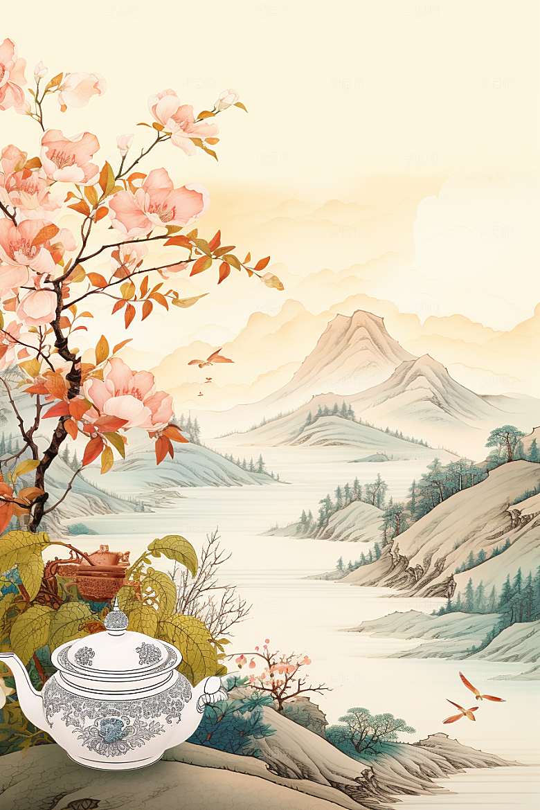 茶壶山水手绘中国风插画