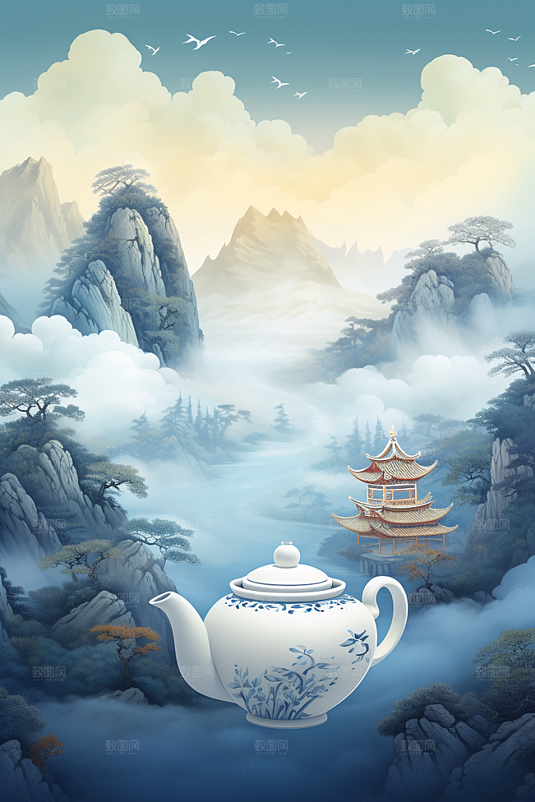 茶壶山水国画中国风插画