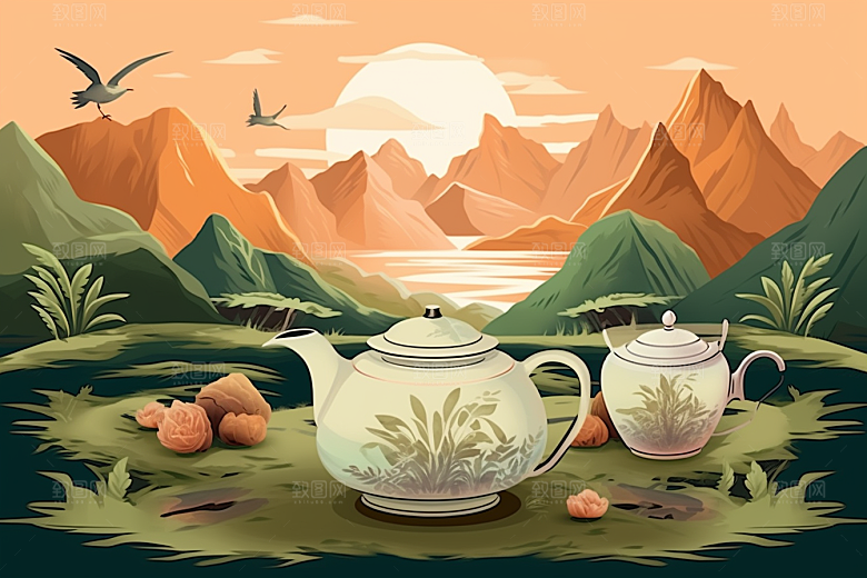 茶壶山水风景写实艺术插画