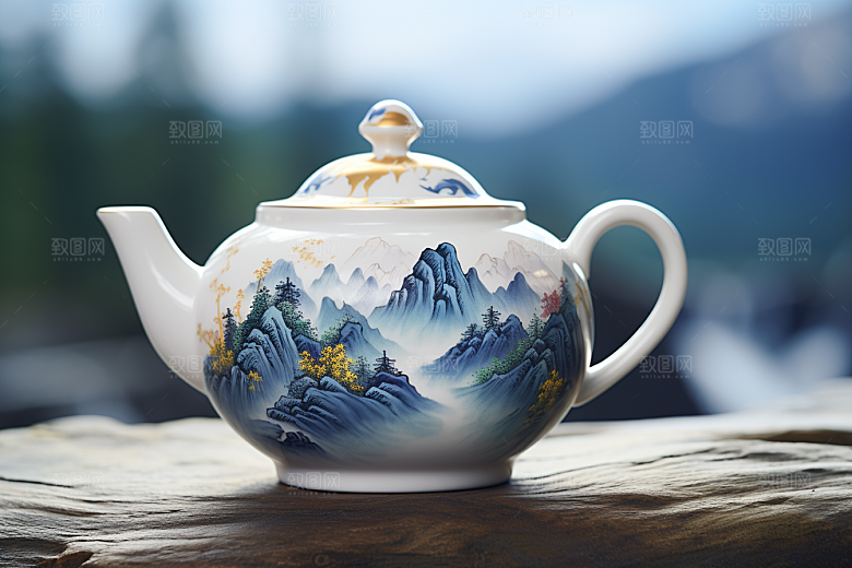 茶壶山水手绘中国风插画