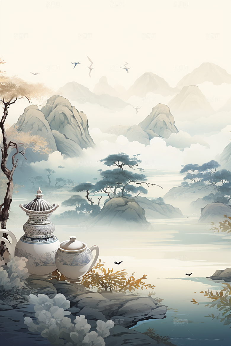 茶壶山水中国风手绘插画
