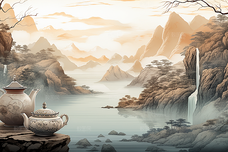 茶壶山水手绘中国风插画