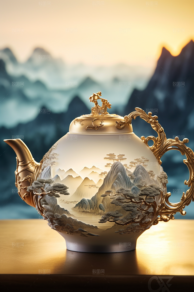 茶壶山水水墨中国风插画