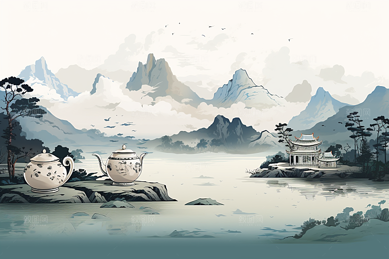 茶壶山水中国风水墨插画