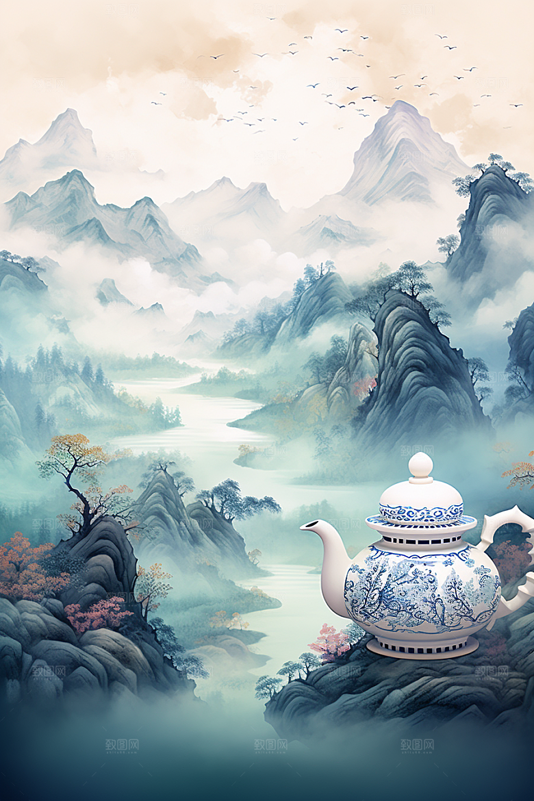 茶壶山水手绘水墨插画