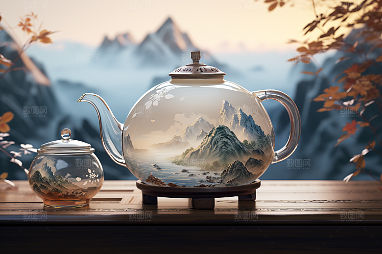 茶壶山水水墨国画插画