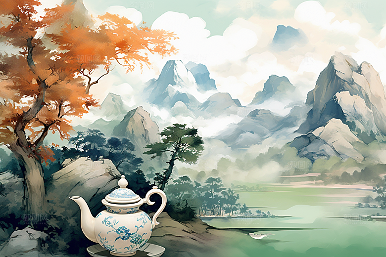 茶壶山水手绘风景插画