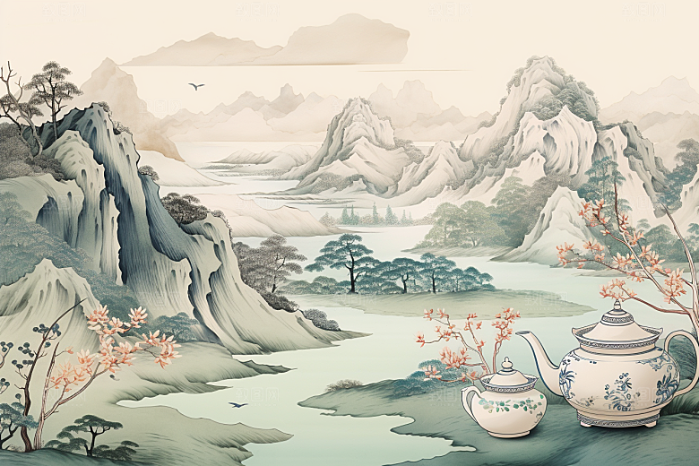 茶壶山水风景中国风插画