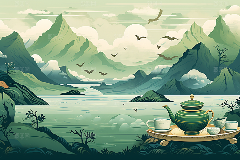 茶壶山水国画水墨插画