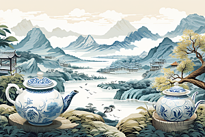 茶壶山水国画写实艺术插画