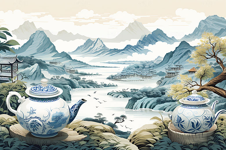 茶壶山水国画写实艺术插画