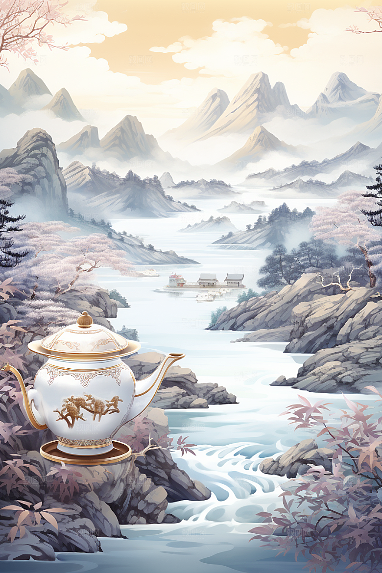 茶壶山水手绘中国风插画