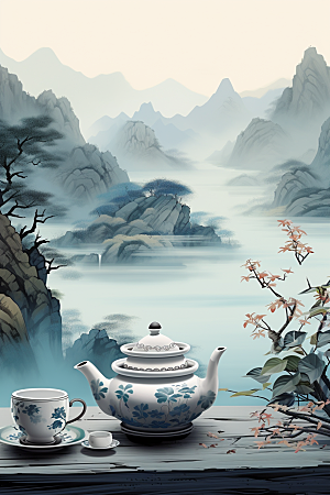 茶壶山水国画写实艺术插画