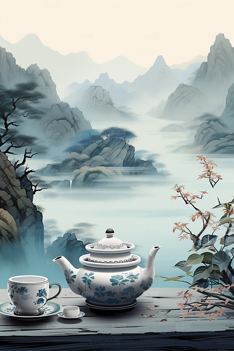 茶壶山水国画写实艺术插画