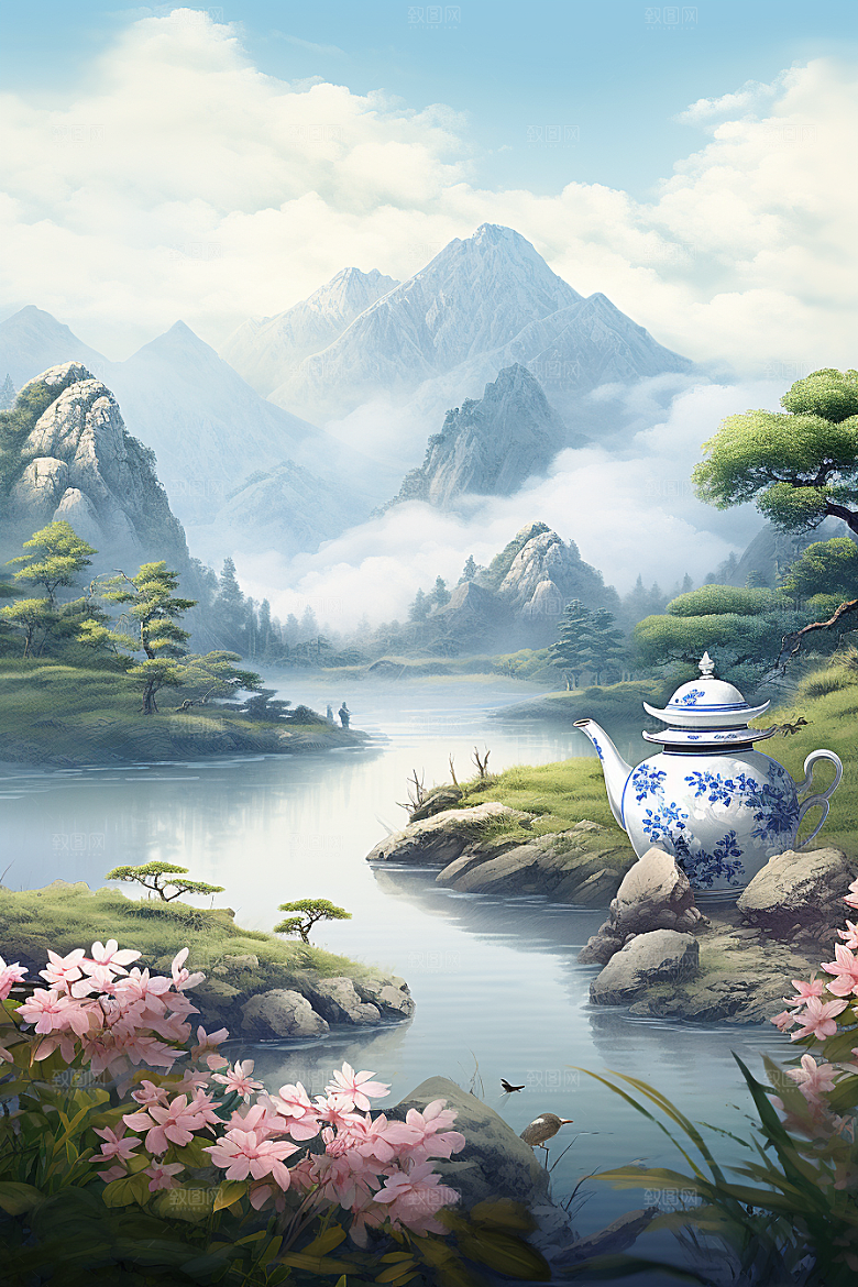 茶壶山水国画手绘插画