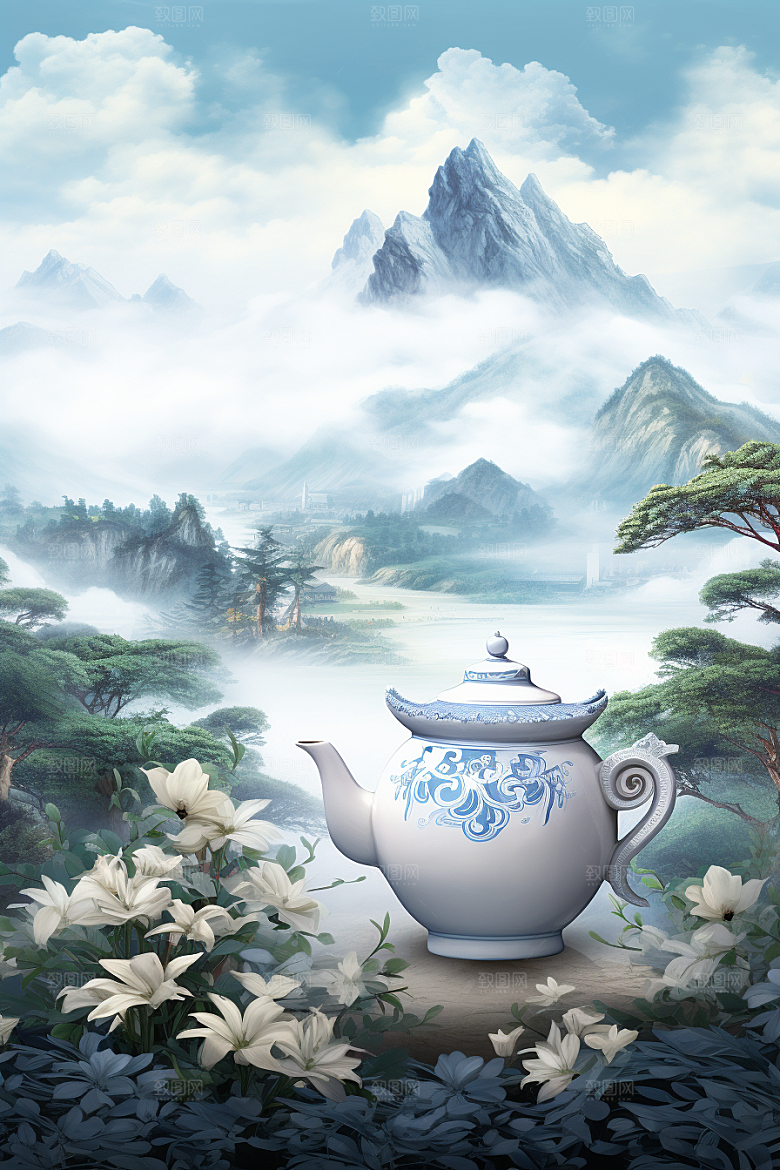 茶壶山水中国风手绘插画