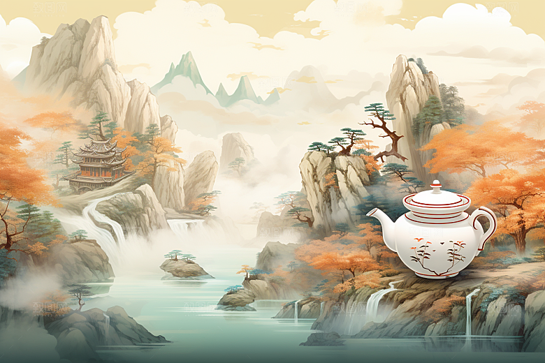 茶壶山水中国风手绘插画