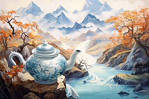 茶壶山水国画手绘插画
