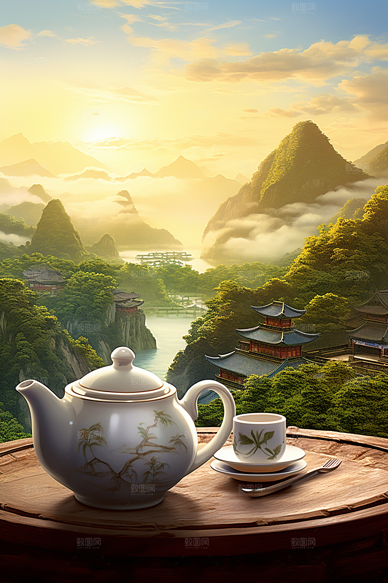 茶壶山水手绘水墨插画