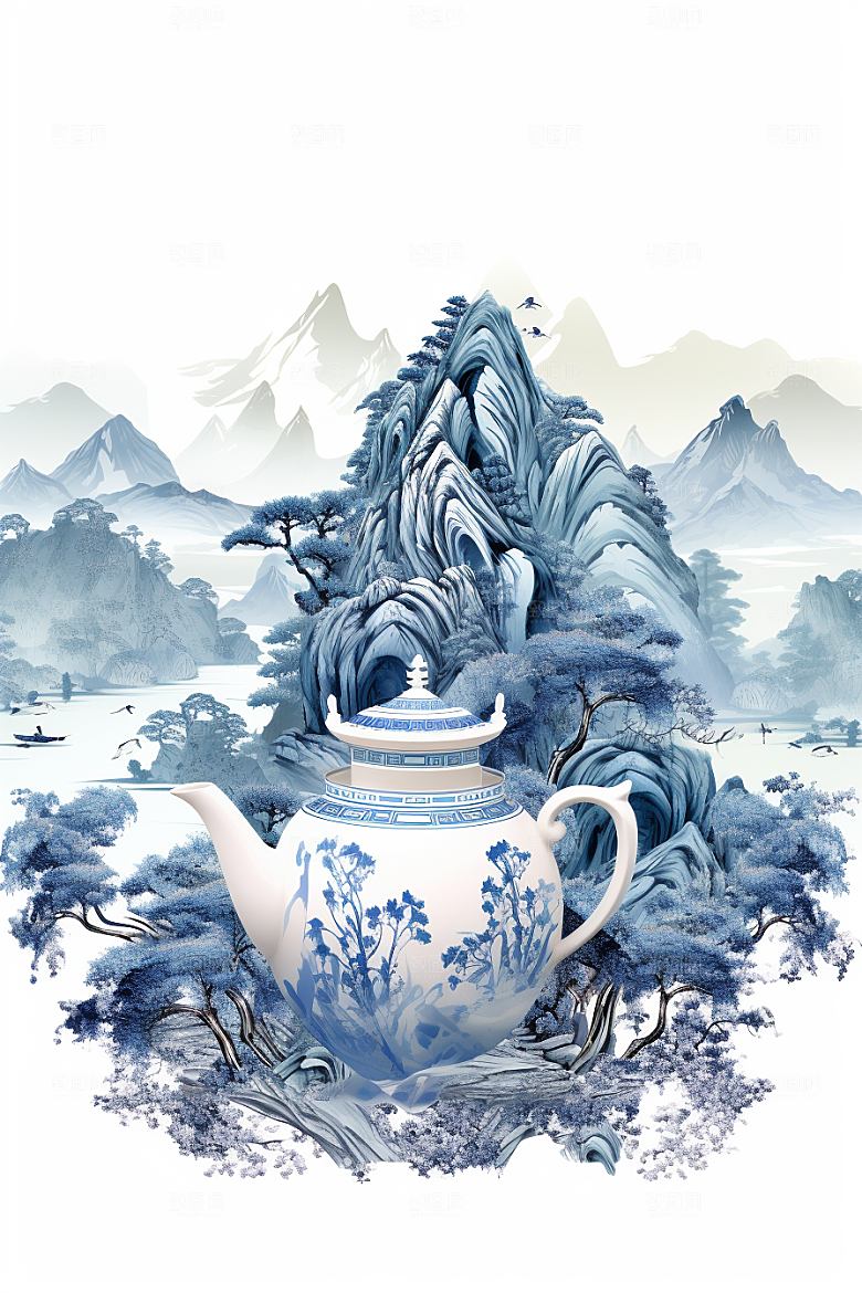 茶壶山水水墨写实艺术插画
