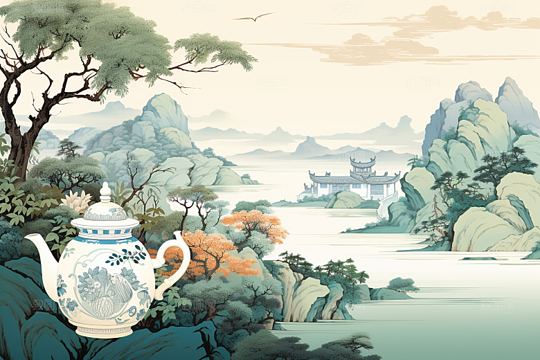 茶壶山水风景写实艺术插画