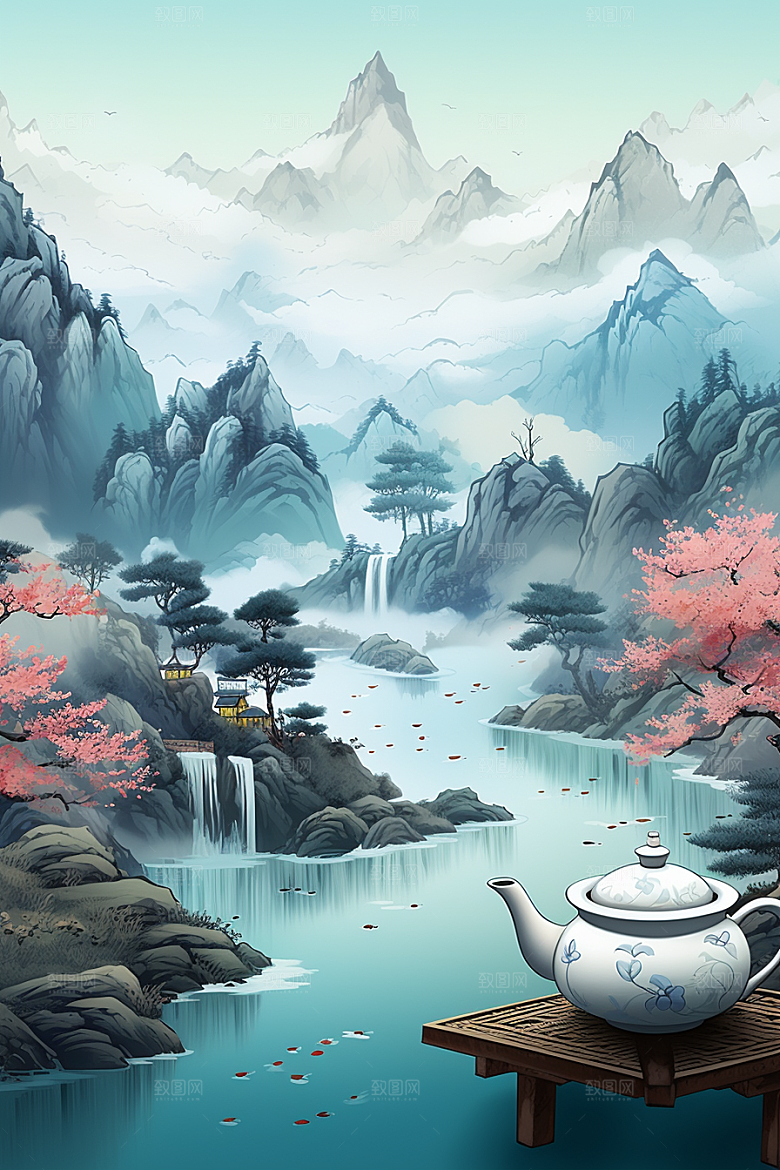 茶壶山水水墨写实艺术插画