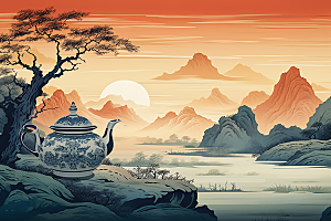 茶壶山水国画写实艺术插画