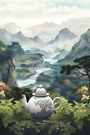 茶壶山水国画中国风插画