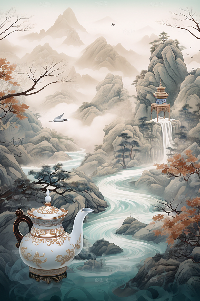 茶壶山水水墨风景插画