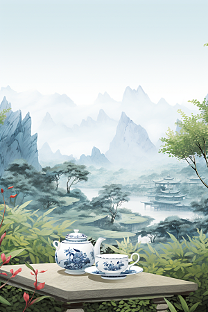 茶壶山水手绘国画插画