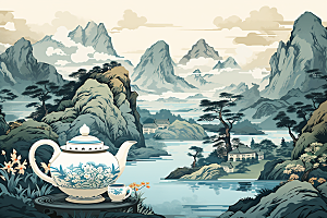 茶壶山水中国风风景插画