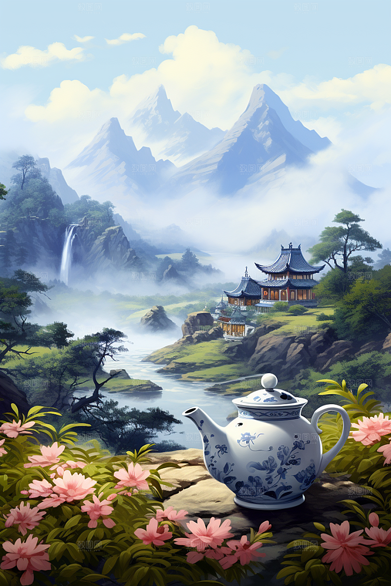 茶壶山水国画水墨插画