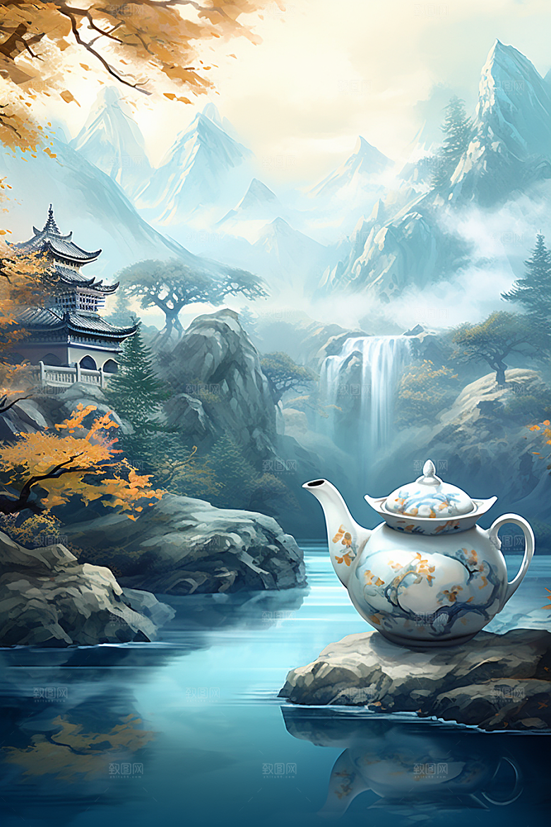茶壶山水中国风写实艺术插画