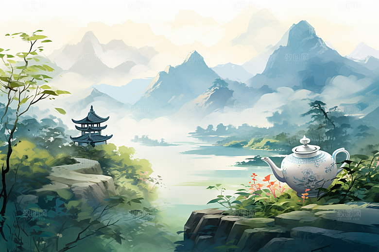 茶壶山水风景手绘插画