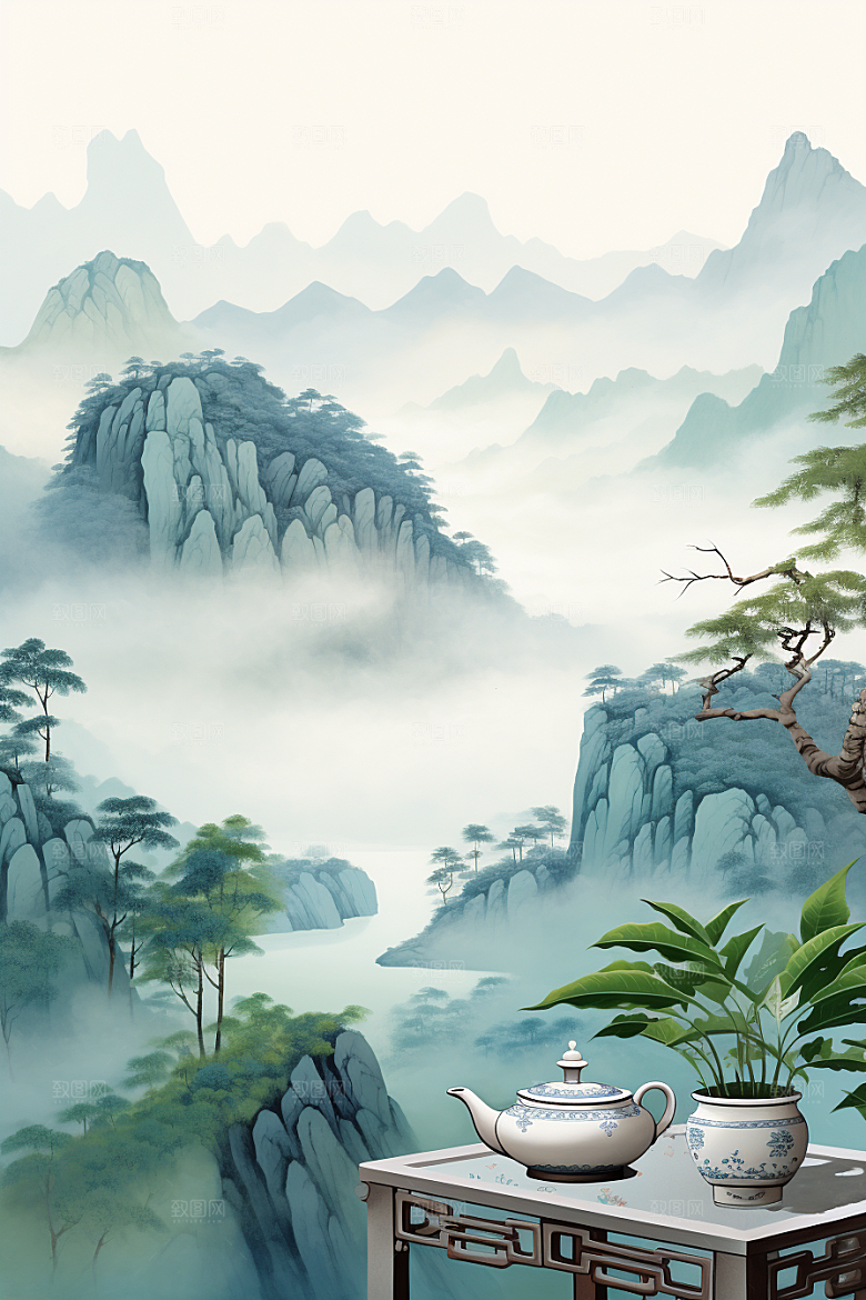 茶壶山水水墨国画插画