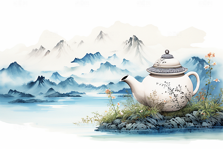 茶壶山水中国风水墨插画