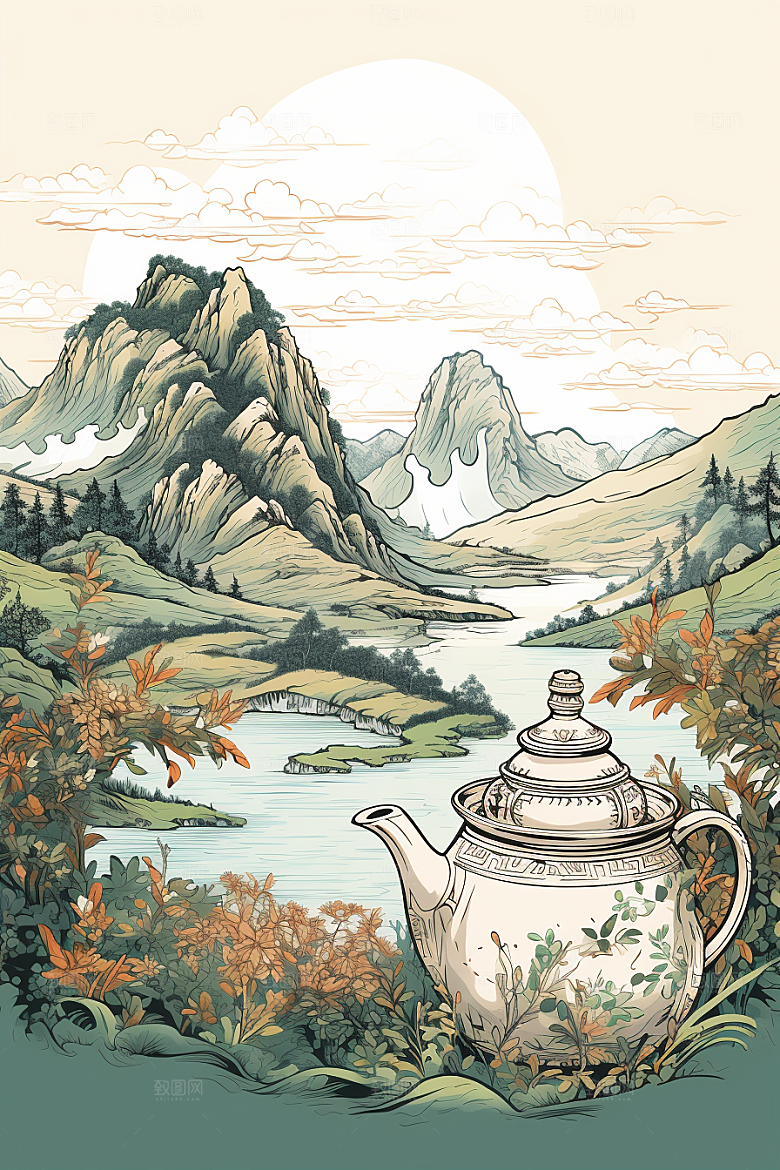 茶壶山水水墨风景插画