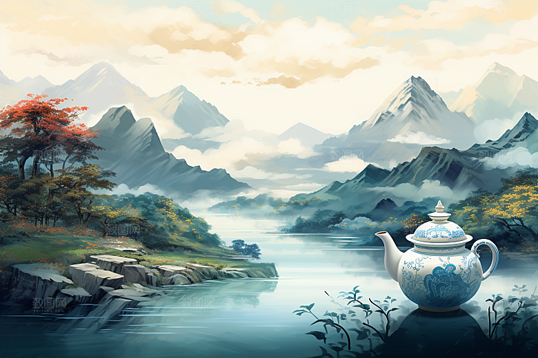 茶壶山水手绘中国风插画